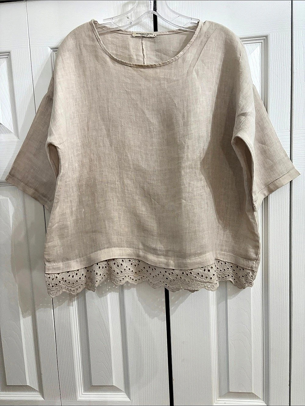 Francesca Bettini Linen-Look Lace Hem Top Beige Small